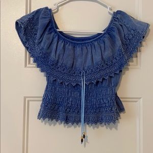 Blue Cotton and Crochet Off the Shoulder Crop Top